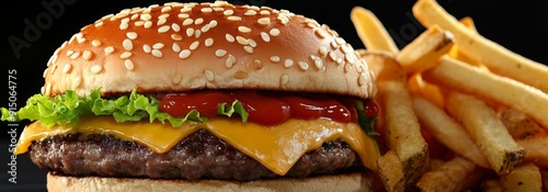 Delicious Cheeseburger with Sesame Bun and Tomato Sauce Served with Crispy Fries: An Irresistible Fast-Food Delights. photo