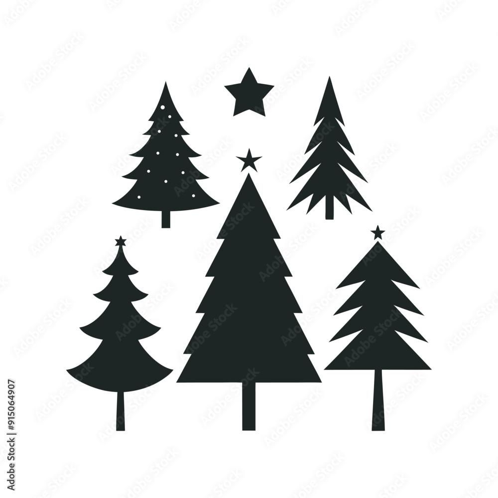 Obraz premium Christmas Tree Silhouette Set Festive Tree Icons for Holiday Designs, Black and White Christmas Tree Silhouettes 