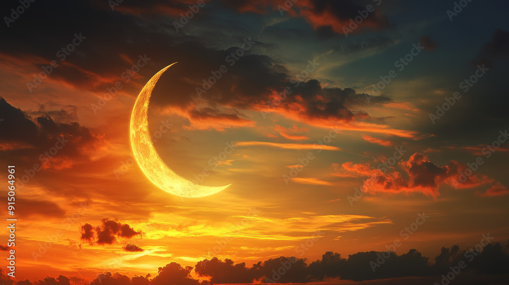 Golden sunset illuminates the crescent moon, casting a warm glow against the vibrant sky. --ar 16:9 --v 6.1 Job ID: 6955f30e-fb16-4ebc-b51e-85f64d56778f Golden sunset illuminates the crescent moon, casting a warm glow against the vibrant sky. --ar 16:9 --v 6.1 Job ID: 6955f30e-fb16-4ebc-b51e-85f64d56778f