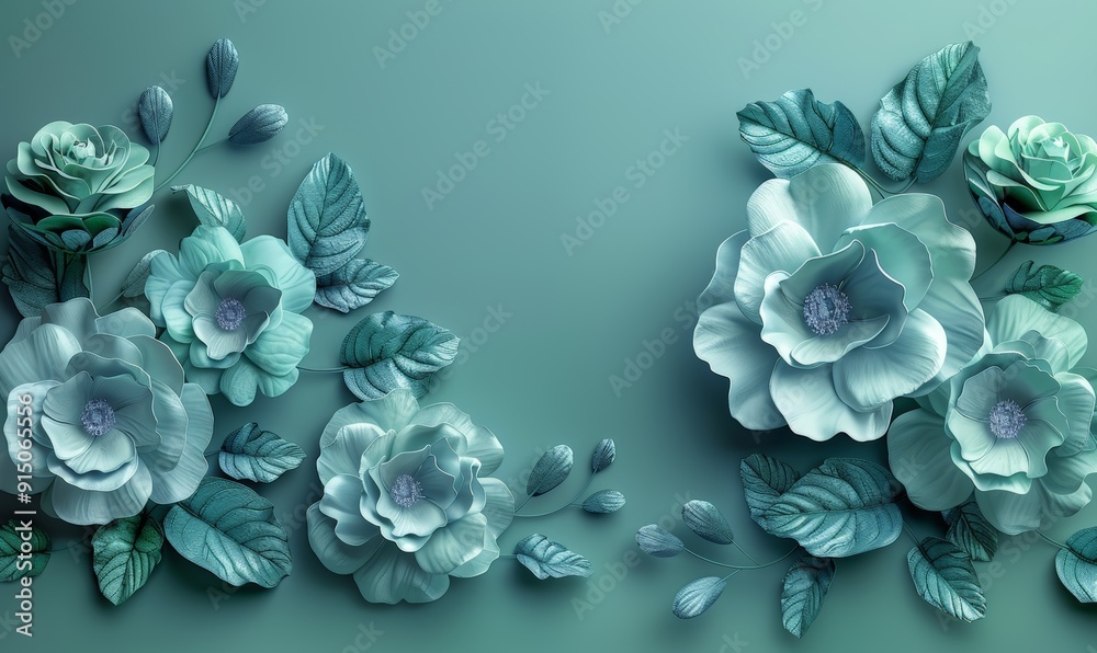 A modern 3D Blue Green monochrome floral composition featuring assorted abstract roses, surrounded by a subtle border with ample copy space A modern 3D Blue Green monochrome floral composition featuring assorted abstract roses, surrounded by a subtle border with ample copy space