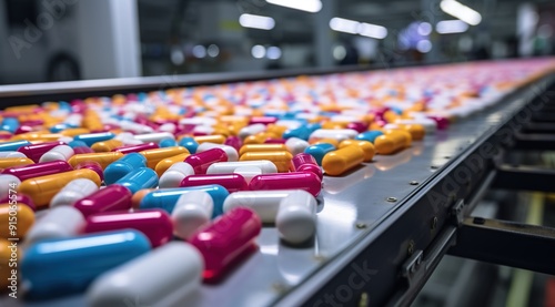 Colorful pills and tablets on a conveyor belt in a modern medical factory 