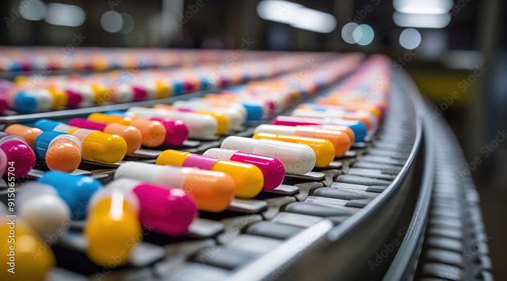 Naklejka premium Colorful pills and tablets on a conveyor belt in a modern medical factory 