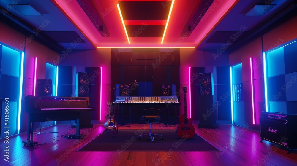 A cutting-edge recording studio, awash in neon pink and blue, boasts a mixing console, guitars, and other equipment for music production. A cutting-edge recording studio, awash in neon pink and blue, boasts a mixing console, guitars, and other equipment for music production.
