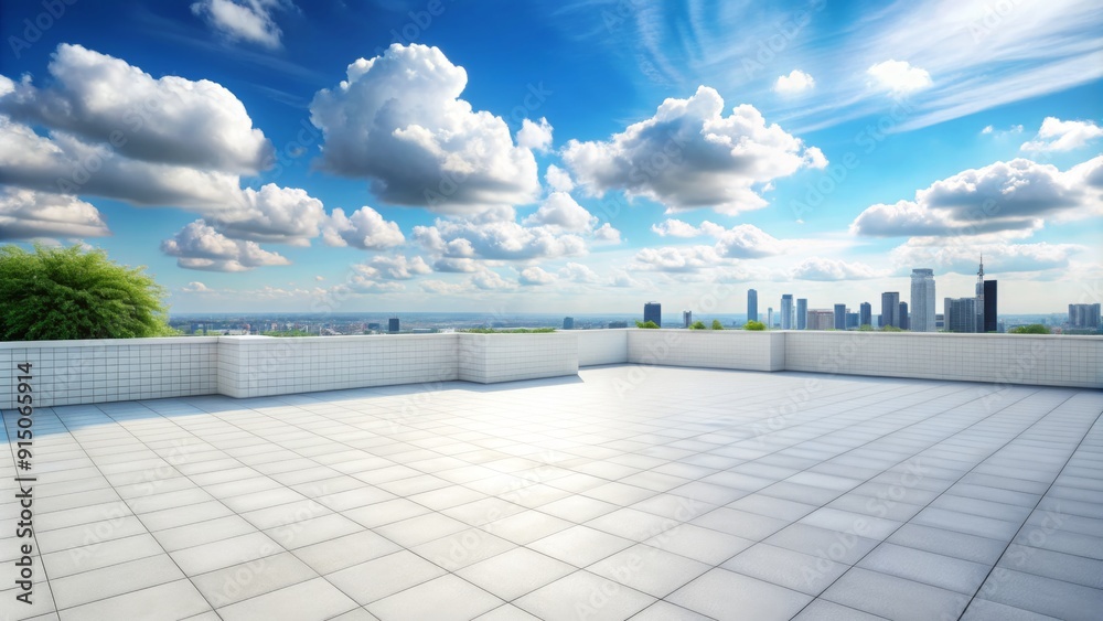 Cityscape View from Rooftop Terrace - Wide-Angle Perspective, White Tiled Floor, Blue Sky with Clouds, Modern Architecture, Urban Landscape, Rooftop Design, Cityscape Photography