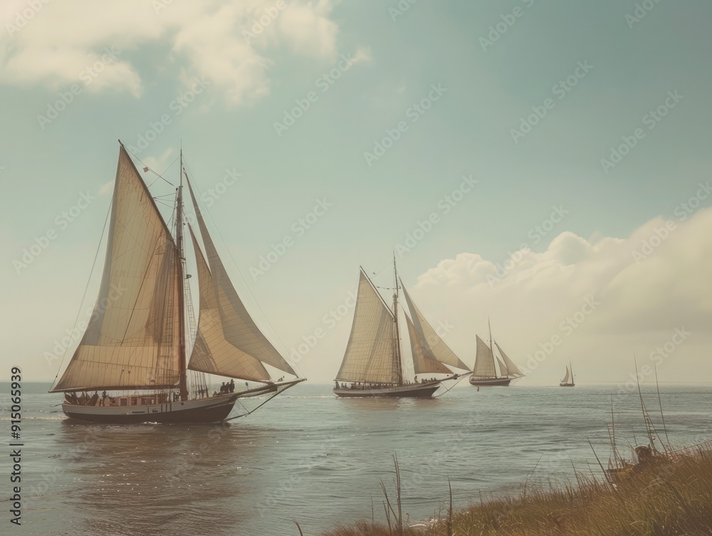 Fototapeta premium Yachts sail across calm waters during a serene afternoon, showcasing graceful movements against a picturesque sky