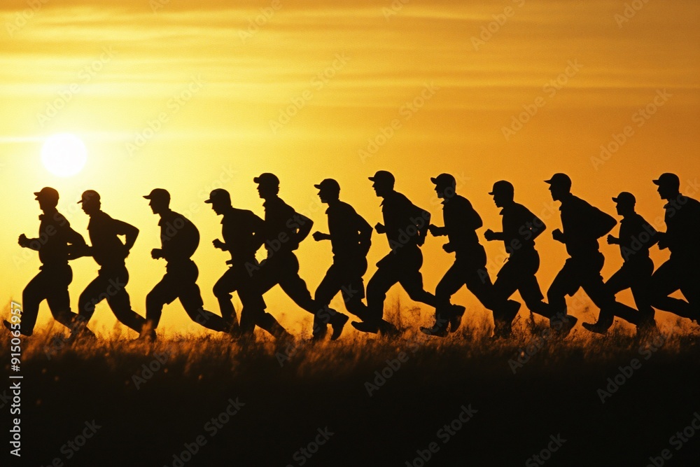 Obraz premium silhouette of a group of people running sports on the field. with a sunset background