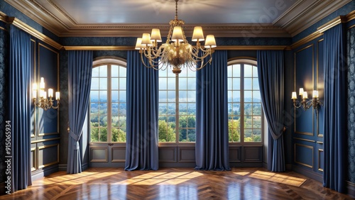 Wallpaper Mural Classic Blue and Gold Interior Design with View of Nature through French Windows (188 characters) Keywords luxury interior design, blue and gold decor, French windows, natural light, classic design, Torontodigital.ca