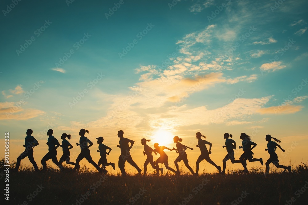 silhouette of a group of people running sports on the field. with a sunset background silhouette of a group of people running sports on the field. with a sunset background
