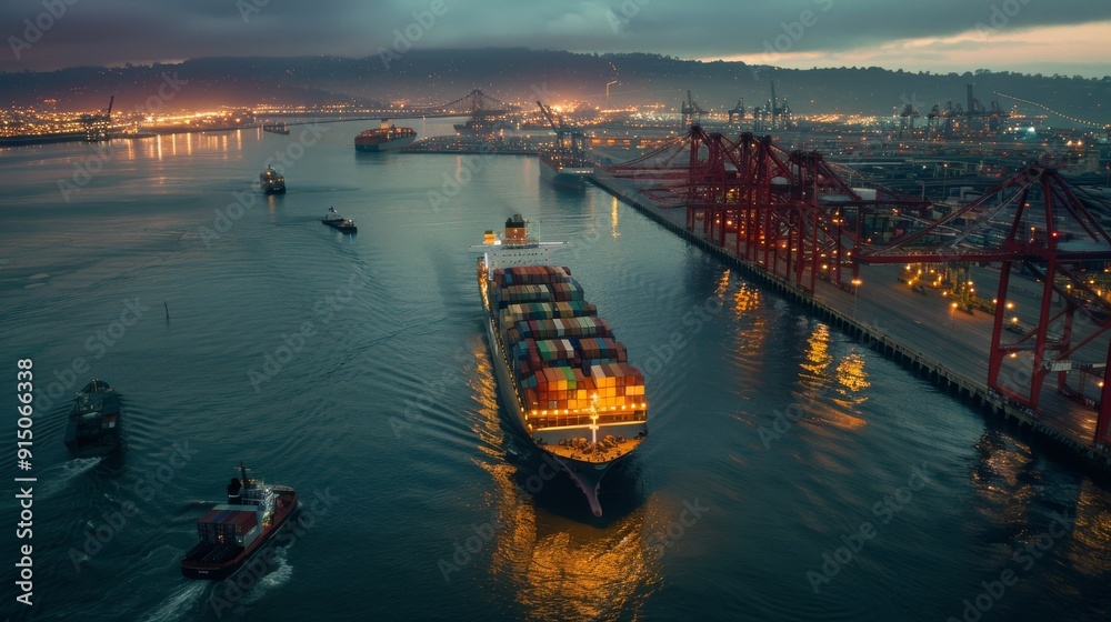 Naklejka premium A large cargo ship sailing into a brightly lit port at dusk, surrounded by smaller boats and majestic cranes against a backdrop of glowing city lights.