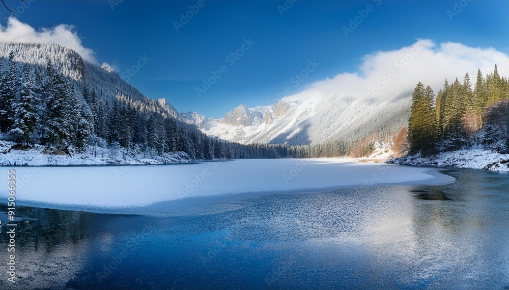 Winter scene with frozen lake