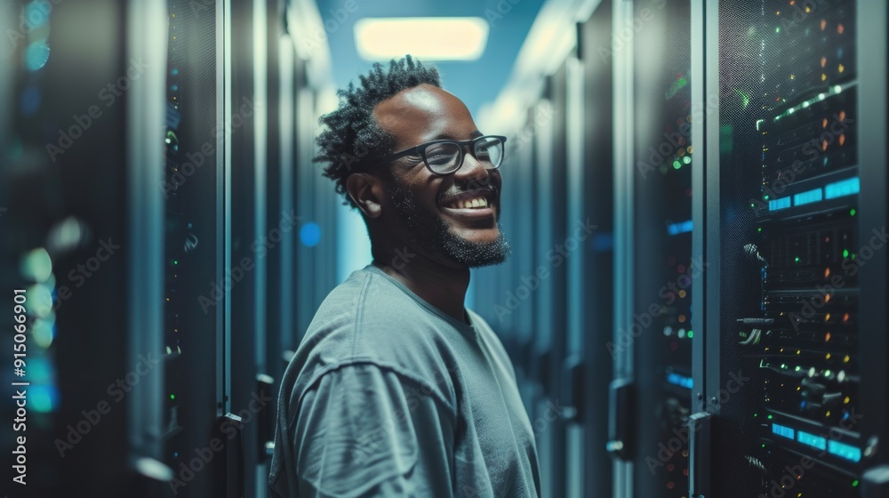 A happy IT professional poses for the camera in a well-organized server room A happy IT professional poses for the camera in a well-organized server room