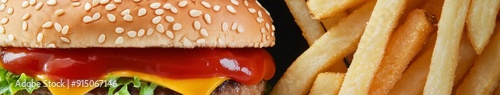 Delicious Cheeseburger with Sesame Bun and Tomato Sauce Served with Crispy Fries: An Irresistible Fast-Food Delights. photo