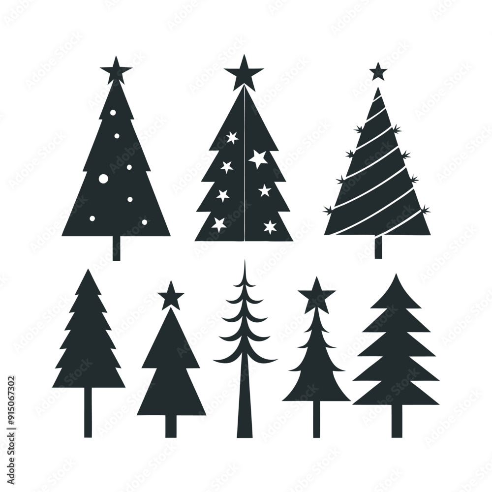 Obraz premium Christmas Tree Silhouette Set Festive Tree Icons for Holiday Designs, Black and White Christmas Tree Silhouettes 