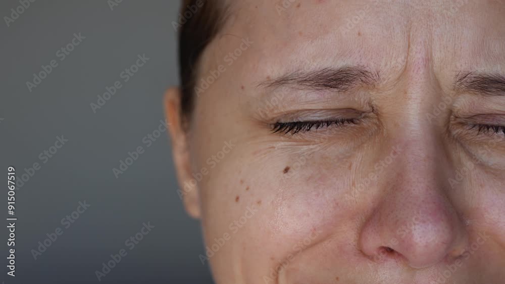 Close up of a young crying caucasian woman suffering from mental pain on a dark grey background. Grief, sadness, longing, depression Close up of a young crying caucasian woman suffering from mental pain on a dark grey background. Grief, sadness, longing, depression