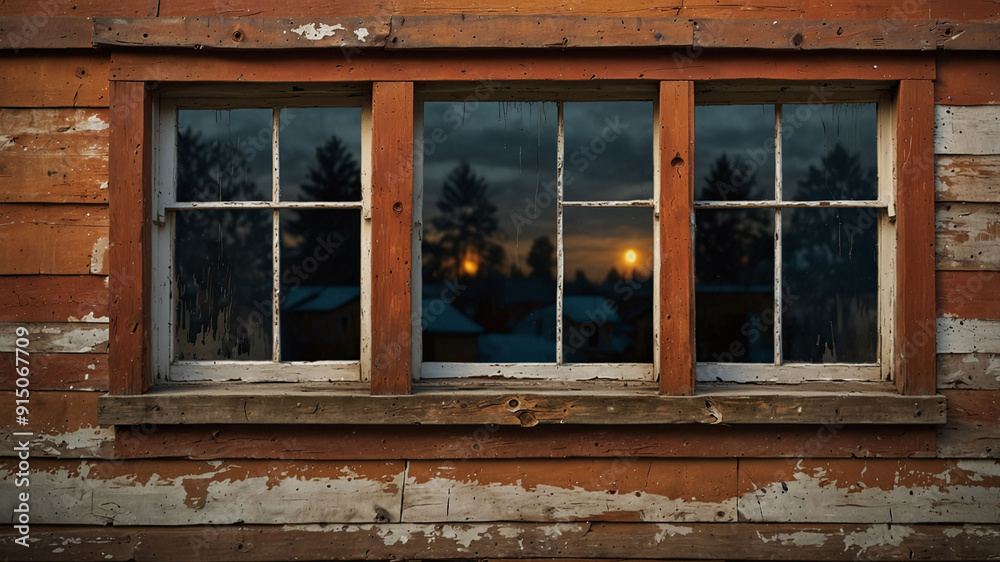 Sunset Reflected in the Rustic Windows of an Old Wooden House in the Countryside Sunset Reflected in the Rustic Windows of an Old Wooden House in the Countryside