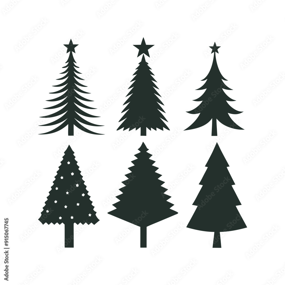 Obraz premium Christmas Tree Silhouette Set Festive Tree Icons for Holiday Designs, Black and White Christmas Tree Silhouettes