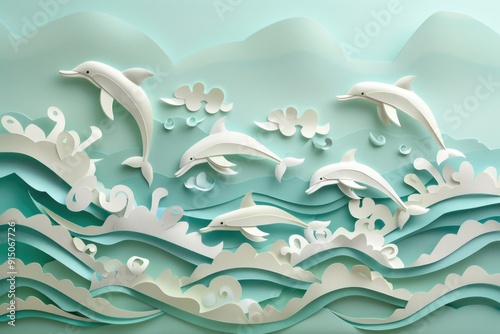 Whimsical Paper Cut Dolphins Leaping in Ocean Waves - Perfect for Creative Design, Poster, or Card
