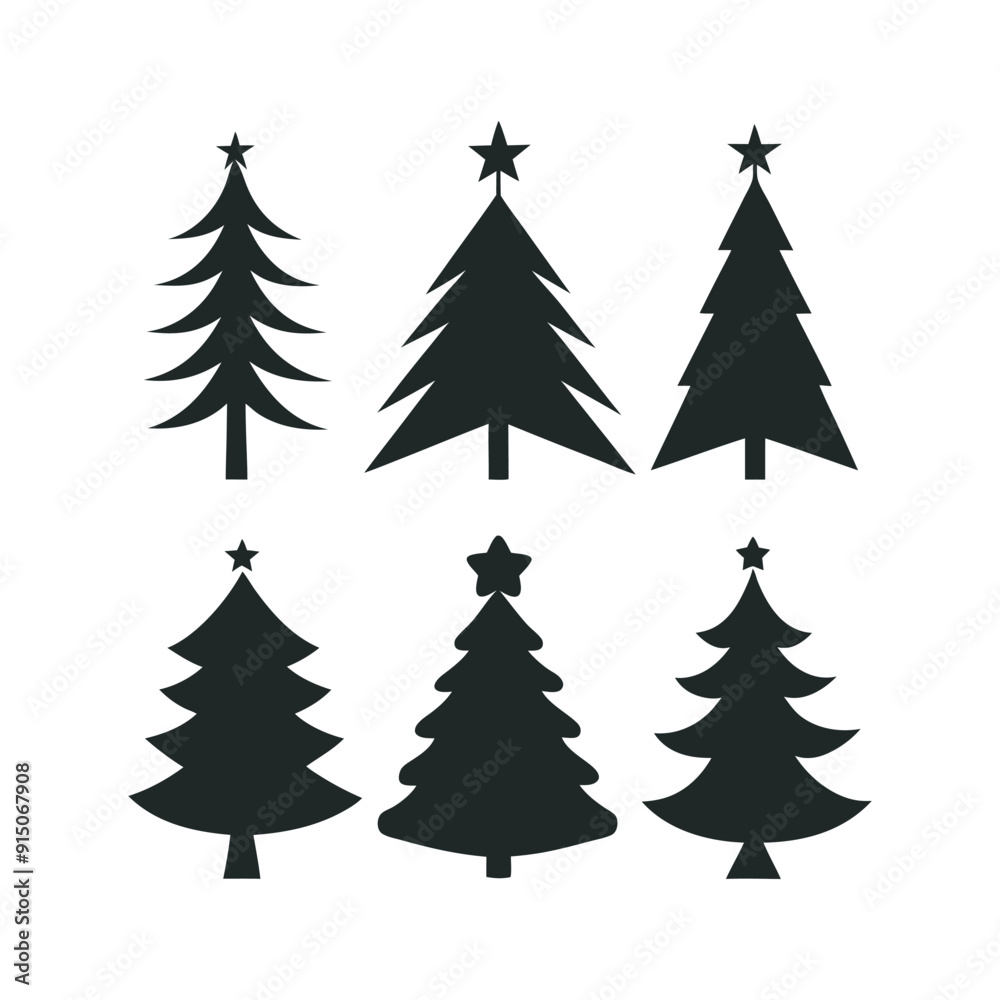 Obraz premium Christmas Tree Silhouette Set Festive Tree Icons for Holiday Designs, Black and White Christmas Tree Silhouettes