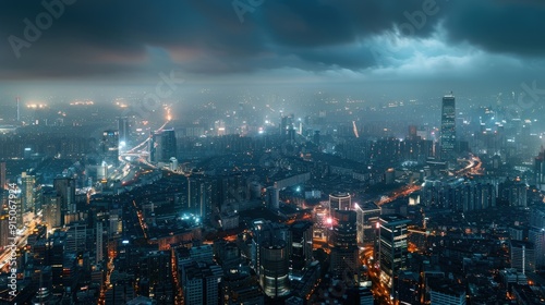 Wallpaper Mural A Cityscape at Night with Dark Clouds and Illuminated Buildings Torontodigital.ca