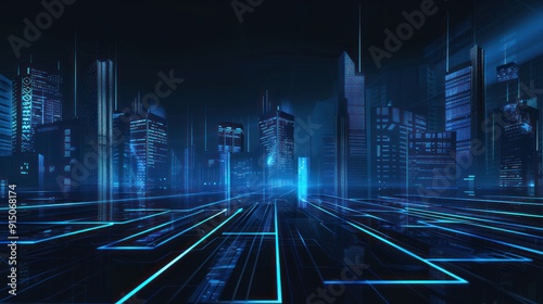 Cyberpunk Cityscape with Glowing Blue Lines