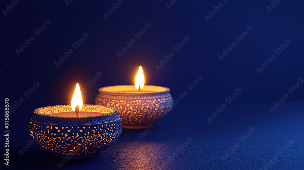 Diwali oil lamps with intricate patterns, big copy space, solid sapphire blue background, Diwali oil lamps with intricate patterns, big copy space, solid sapphire blue background,