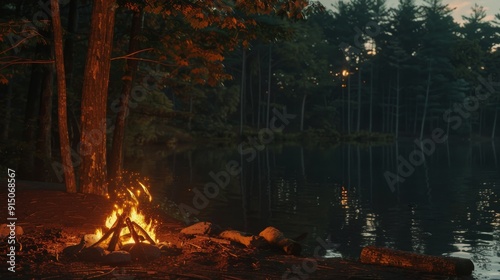 A glowing campfire burns brightly in the evening next to a tranquil forest lake, surrounded by trees and the calmness of nature. photo