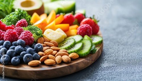 Healthy snack platter with fruit, vegetables, and nuts.