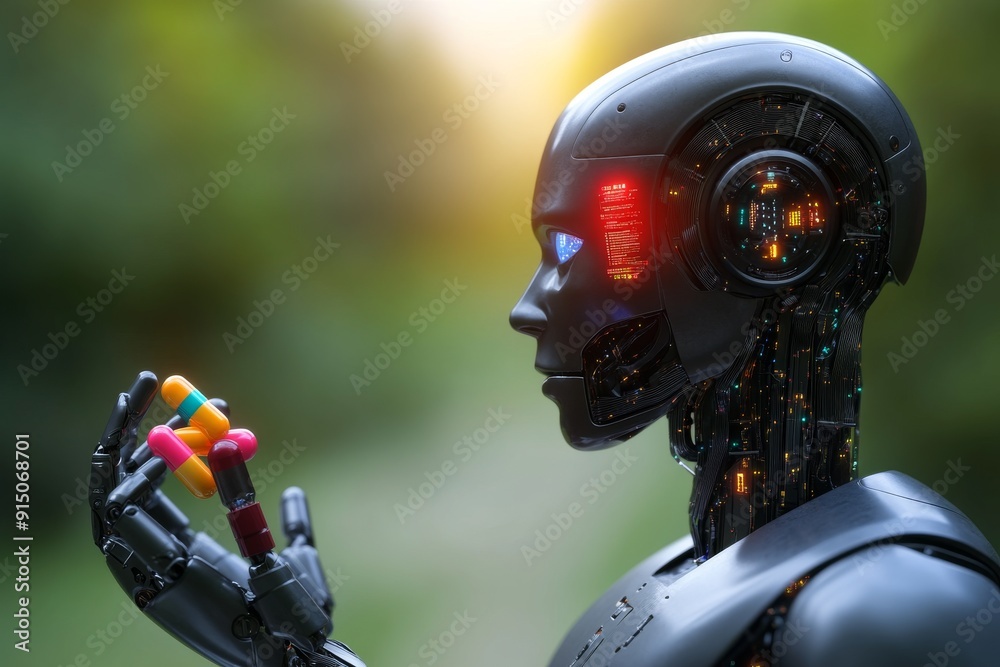 Futuristic Robot Handling Various Medications Symbolizing the Technological Advancement in Healthcare. Futuristic Robot Handling Various Medications Symbolizing the Technological Advancement in Healthcare.