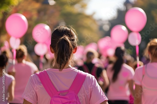 Community event with participants in pink shirts walking together and carrying balloons in the park on a sunny day