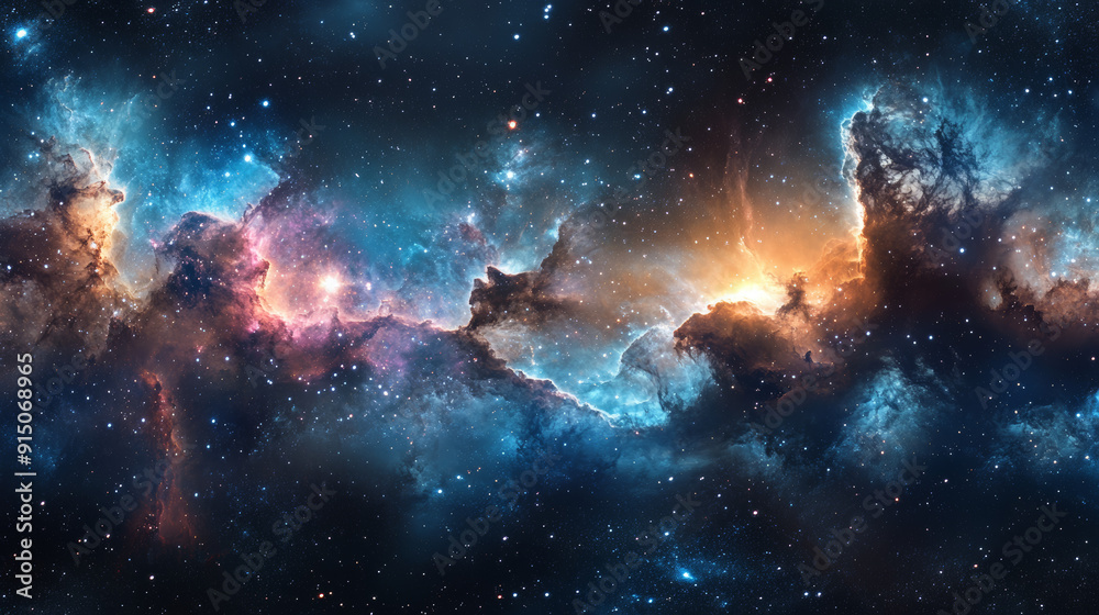 Fototapeta premium Nebula and stars in space, 360 panoramic image. 3D illustration. --ar 16:9 --v 6.1 Job ID: 459b9f9d-e20d-43fc-bb1f-9b2744aa2fb7