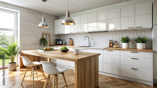 Wallpaper Mural Modern Kitchen Interior Design with White Cabinets, Wooden Island, and Herringbone Floor - 3D Rendering, Home Decor, Kitchen Design, Contemporary Style, Minimalist Design Torontodigital.ca