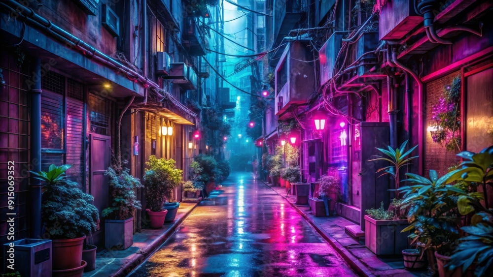 Fototapeta premium Neon Alleyway A Cyberpunk Perspective - Wet Streets, Vibrant Lights, and Moody Atmosphere. - Cyberpunk Cityscape, Neon Lights, Urban Photography, Night Photography, Digital Art