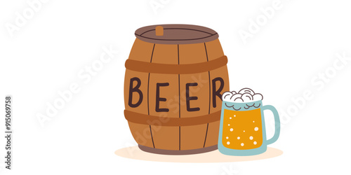A keg of beer and a mug of beer isolated on white background. Oktoberfest concept. Drinks concept. Holiday concept.