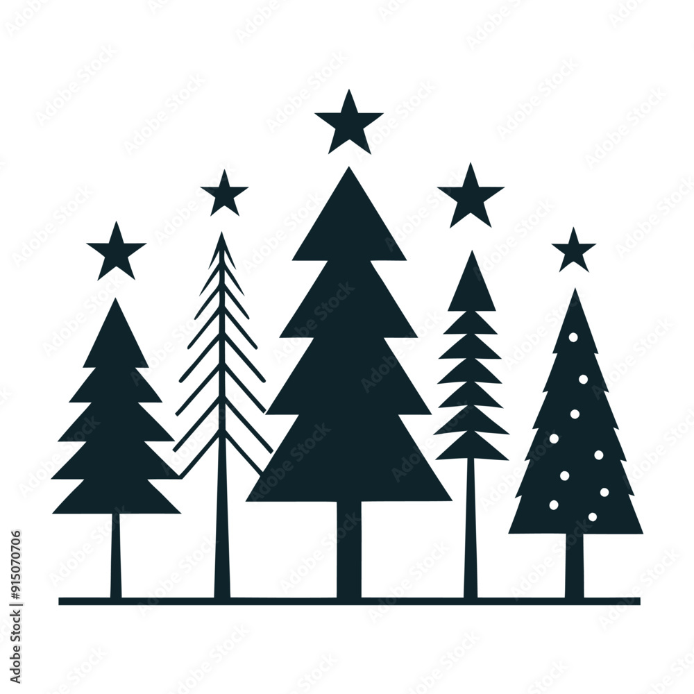 Obraz premium Christmas Tree Silhouette Set Festive Tree Icons for Holiday Designs, Black and White Christmas Tree Silhouettes 
