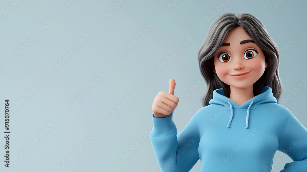 Happy smiling cartoon character young adult woman person in blue hoodie showing thumb up gesture in 3d style design on light background. Successful human people with ok like cool finger Happy smiling cartoon character young adult woman person in blue hoodie showing thumb up gesture in 3d style design on light background. Successful human people with ok like cool finger