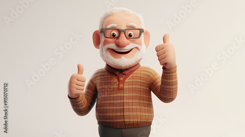 Happy smiling cartoon character old senior elder mature man grandfather person showing thumb up gesture in 3d style design on light background. Successful human people with ok like cool finger  photo