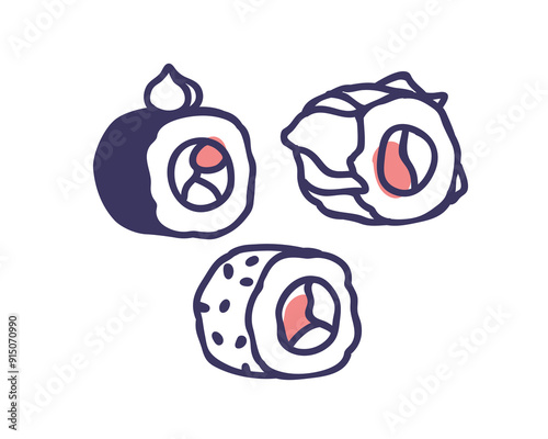 Japanese sushi rolls set. Asian Japan food, cuisine. Uramaki, susi types with rice, salmon, tuna, cheese and nori. Outlined contoured flat graphic vector illustration isolated on white background