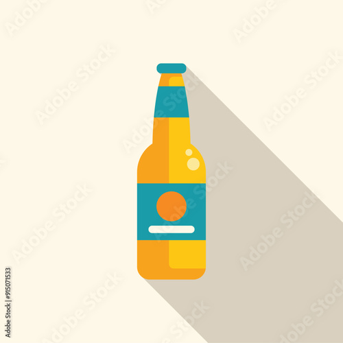 Yellow beer bottle with a blue label is standing on a white background with a long shadow