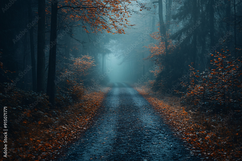 Obraz premium A dark and mystic forest trail on an autumn foggy day, invoking a fairytale-like atmosphere with a touch of magic.