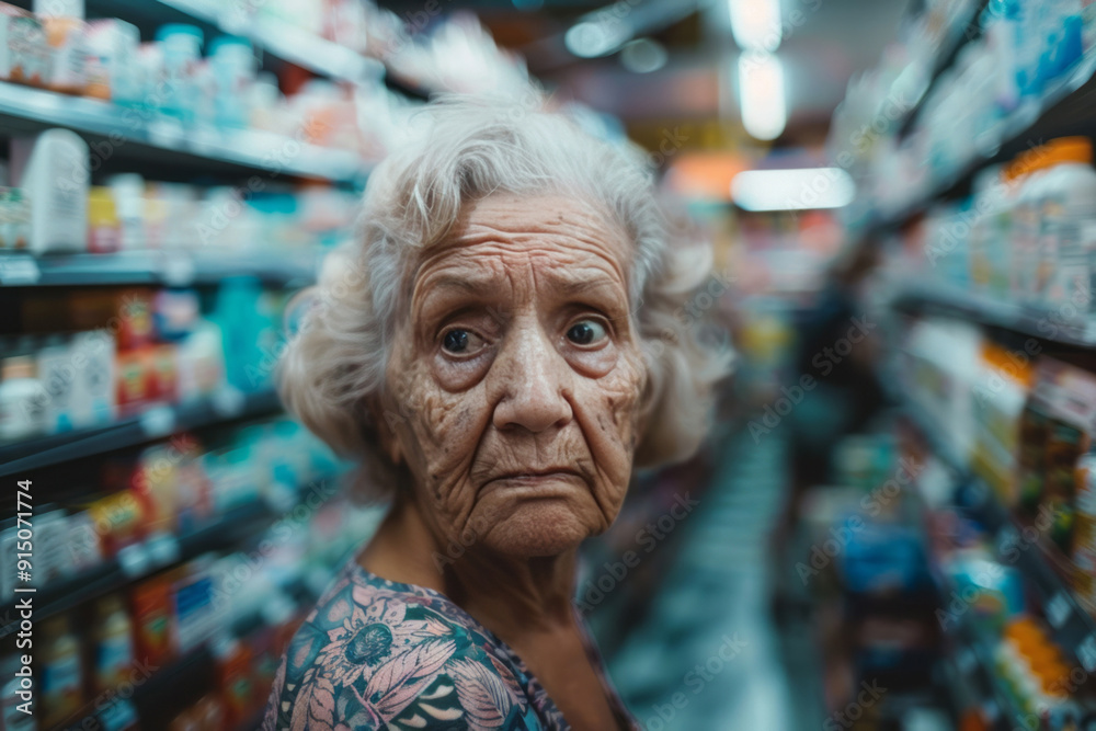 An elderly woman looks confused in the medicine section of a grocery store.