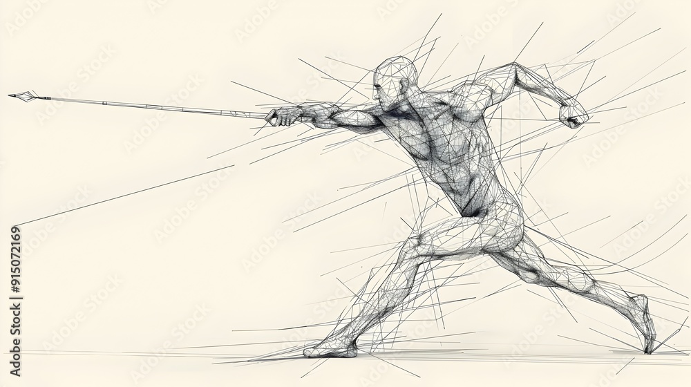 Minimalist 3D Sketch of Javelin Thrower in Dynamic Motion Minimalist 3D Sketch of Javelin Thrower in Dynamic Motion