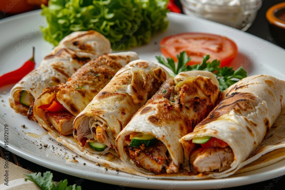 Chicken Shaverma, Doner Kebab with Vegetables on a White Plate Close Up, Wheat Tortillas Stuffed Chicken Shaverma, Doner Kebab with Vegetables on a White Plate Close Up, Wheat Tortillas Stuffed