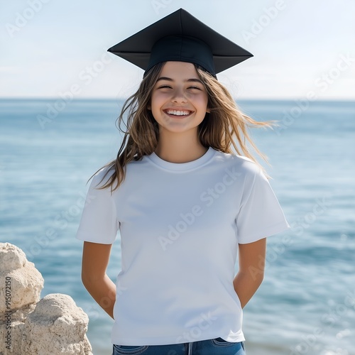 Graduation shirt mockup. Senior class, grad student white tshirt mock up on the beach. Graduate girl in grad's hat. Young model short sleeve crewneck basic tee mock, front view photo