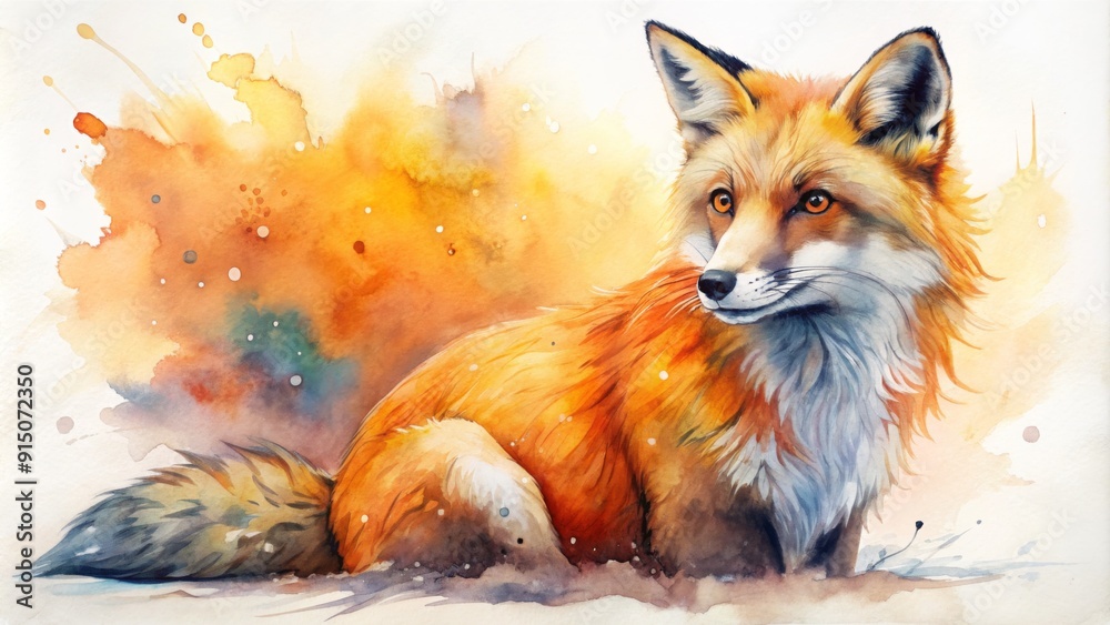 Fototapeta premium Watercolor Fox in a Splashy Sunset A Vivid Portrait of a Wild Animal - watercolor painting, red fox, sunset, nature, wildlife, art
