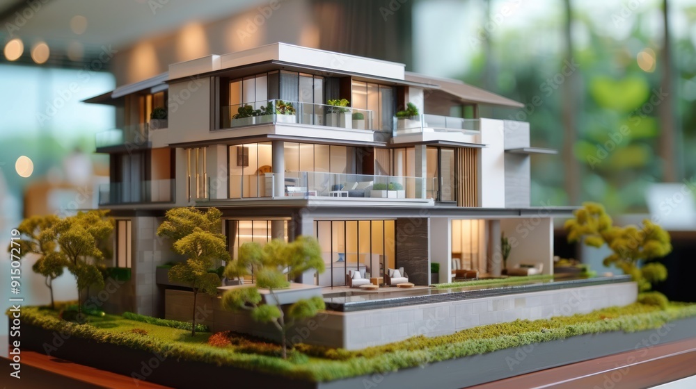 Obraz premium A detailed, modern architectural model of a luxury home, showcasing multiple floors, extensive use of glass, and surrounded by manicured greenery, exuding sophistication.