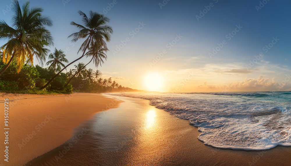 Beautiful and quiet beach at sunrise with palm trees and gentle waves Beautiful and quiet beach at sunrise with palm trees and gentle waves
