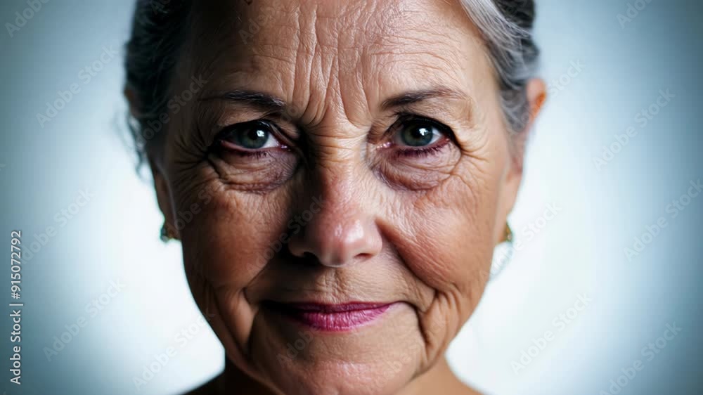 An elderly woman becomes younger, wrinkles are smoothed out, skin becomes smooth, the woman turns into a young one. For cosmetics advertising.