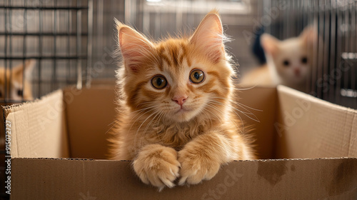 Adorable red cat sit inside a cardboard box, looking at the camera with hope. The background is blurred. Concept of pet adoption and volunteering