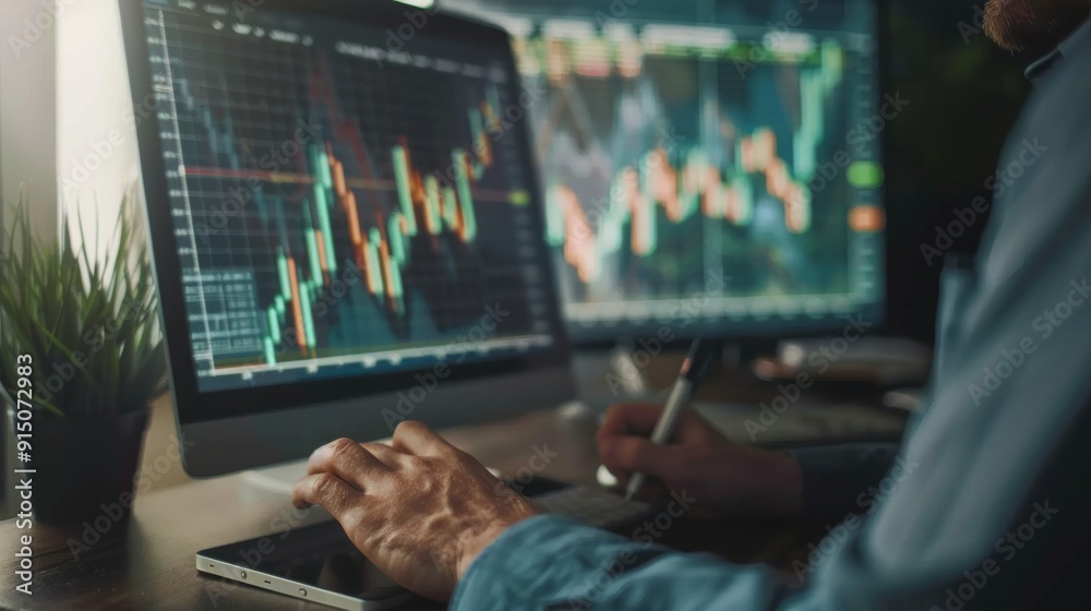 A close-up of an analyst working on dual monitors displaying colorful stock market graphs and data. A close-up of an analyst working on dual monitors displaying colorful stock market graphs and data.