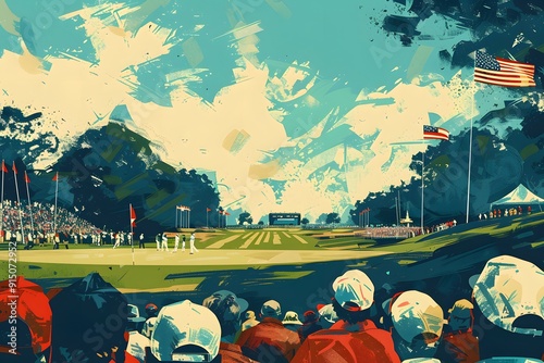 A painting of a golf course with a crowd of people watching a game photo